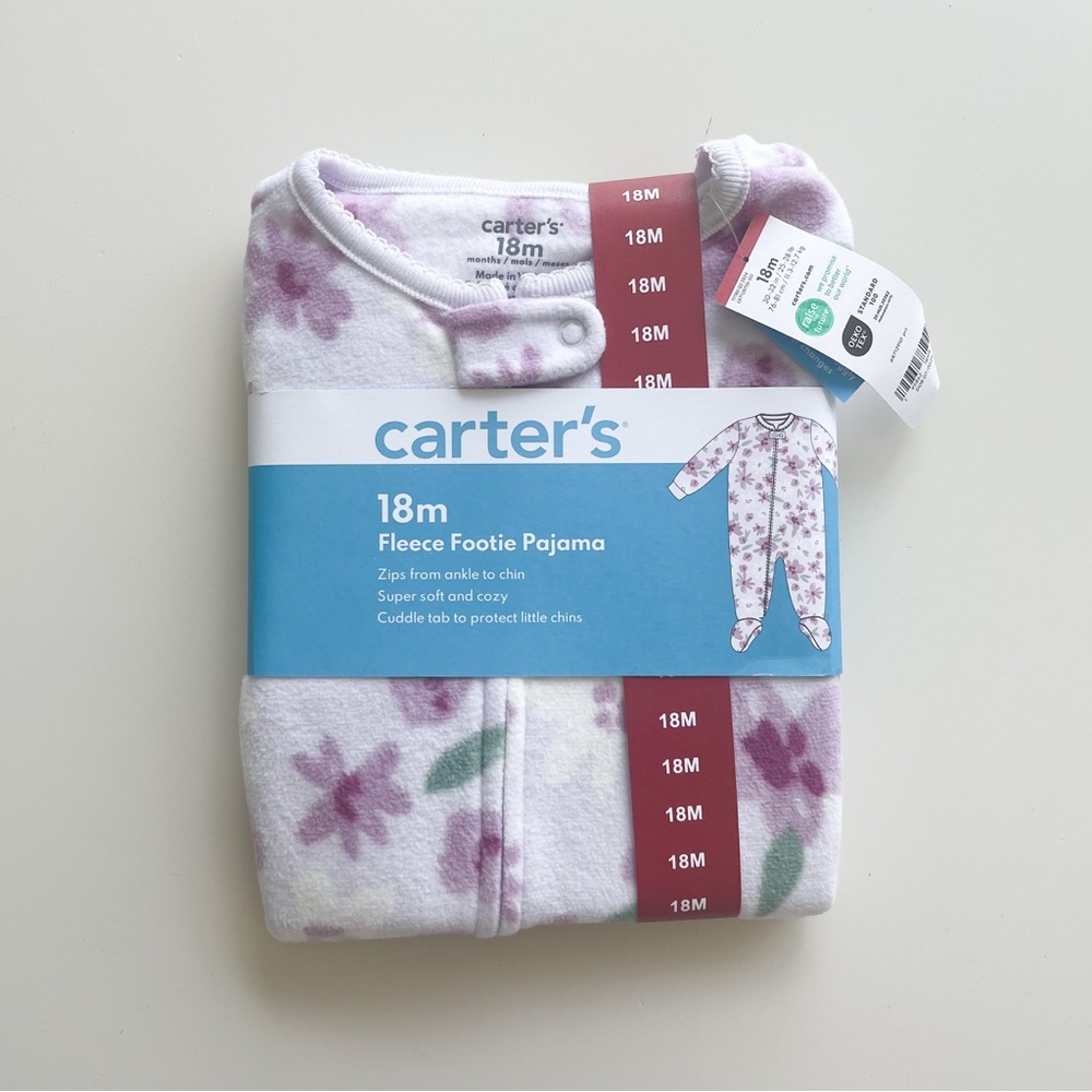 Carter's Girls Warm Floral Fleece Zipper Closure Long Sleeves Footie Pajama